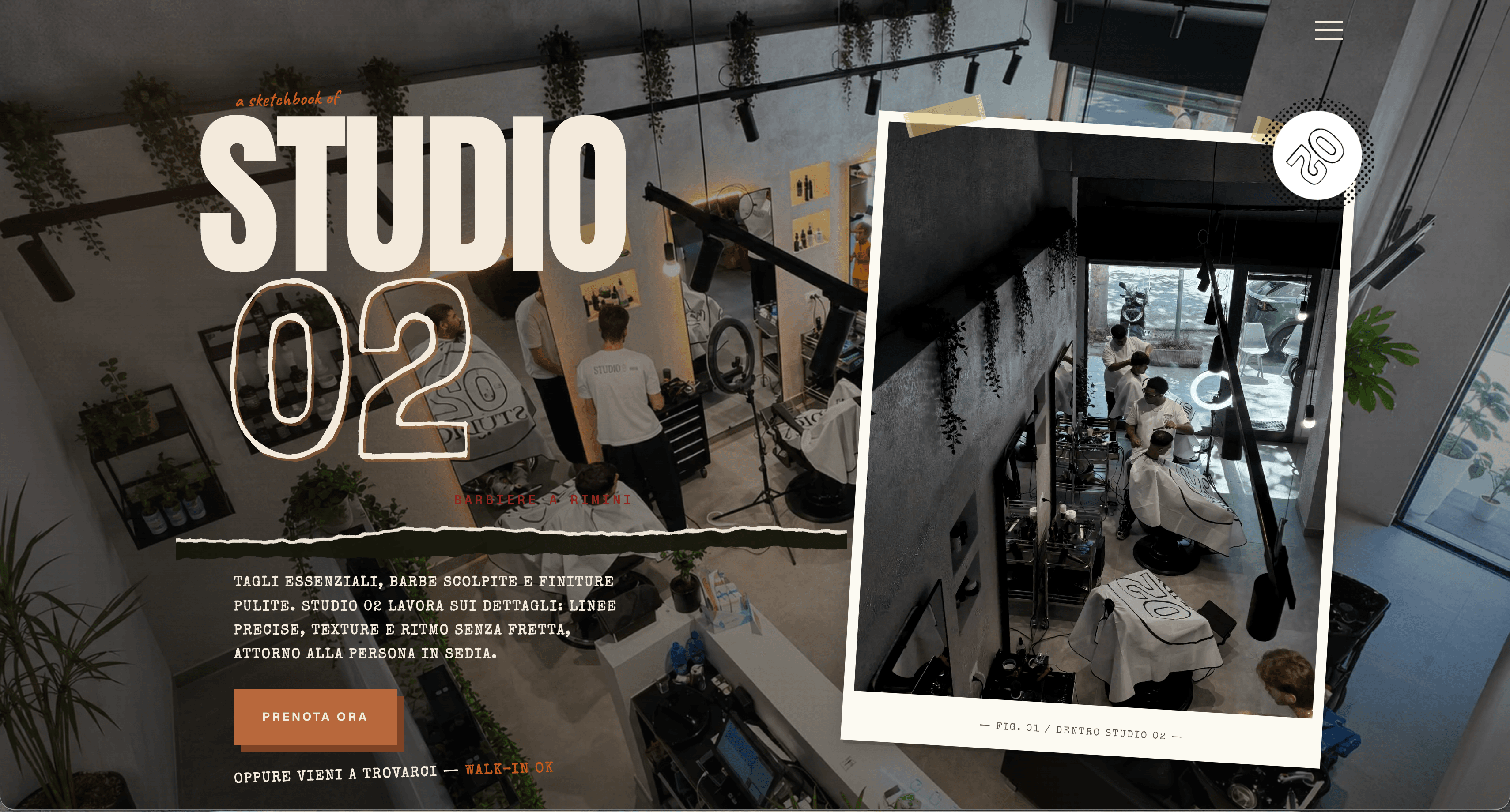 Homepage di Studio 02 Rimini nella versione per computer, con la presentazione della barberia e il pulsante Prenota ora.