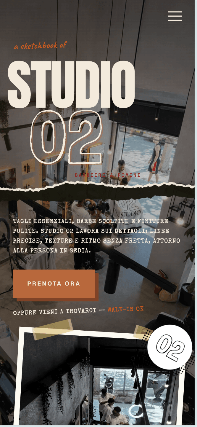 Homepage di Studio 02 Rimini nella versione per telefono, con il menu e il pulsante Prenota ora.